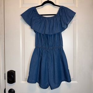 CI SONO Los Angeles Denim Romper Sz Small Off the Shoulder Ruffle Pockets EUC